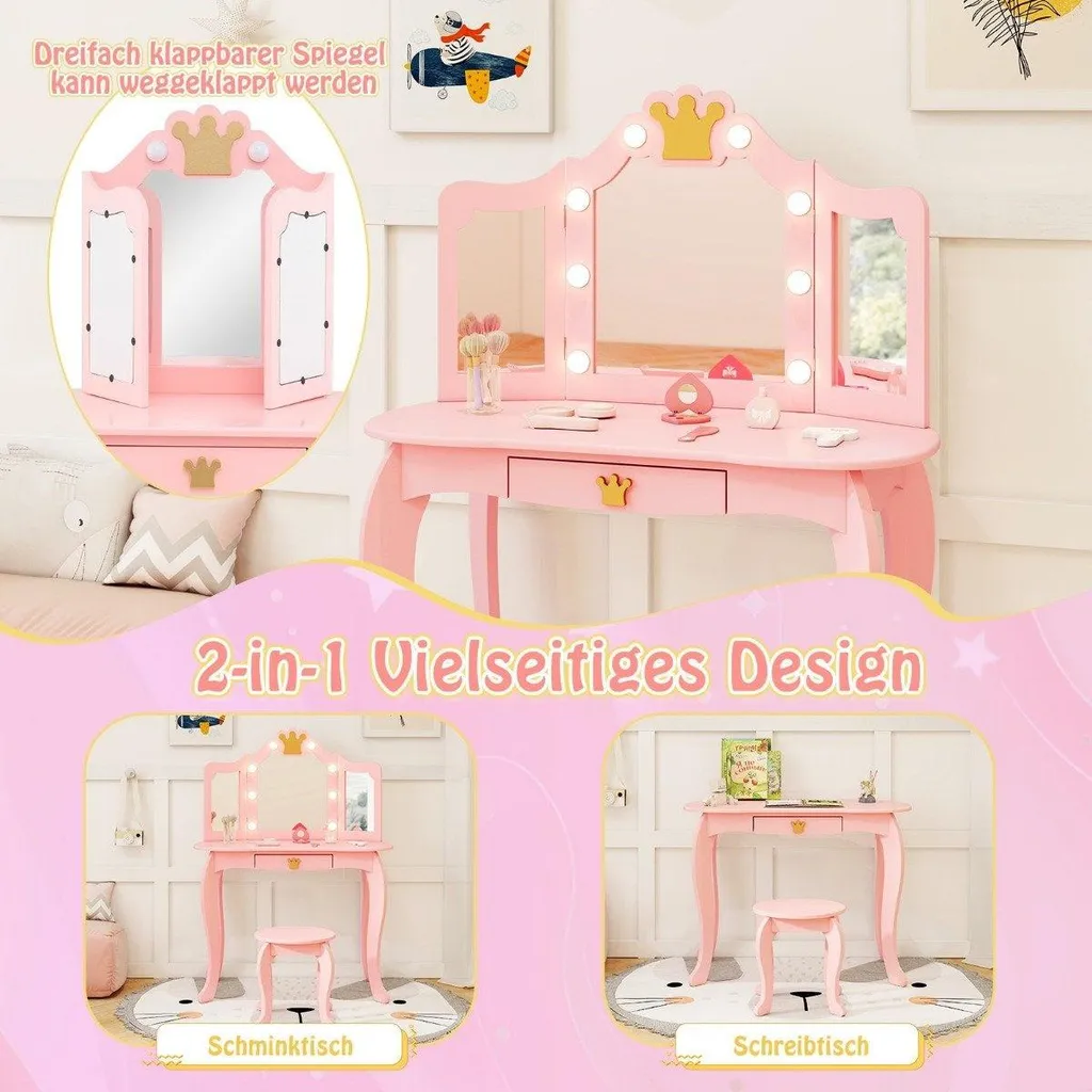 Table de maquillage fille avec miroir triptyque et lumières intégrées