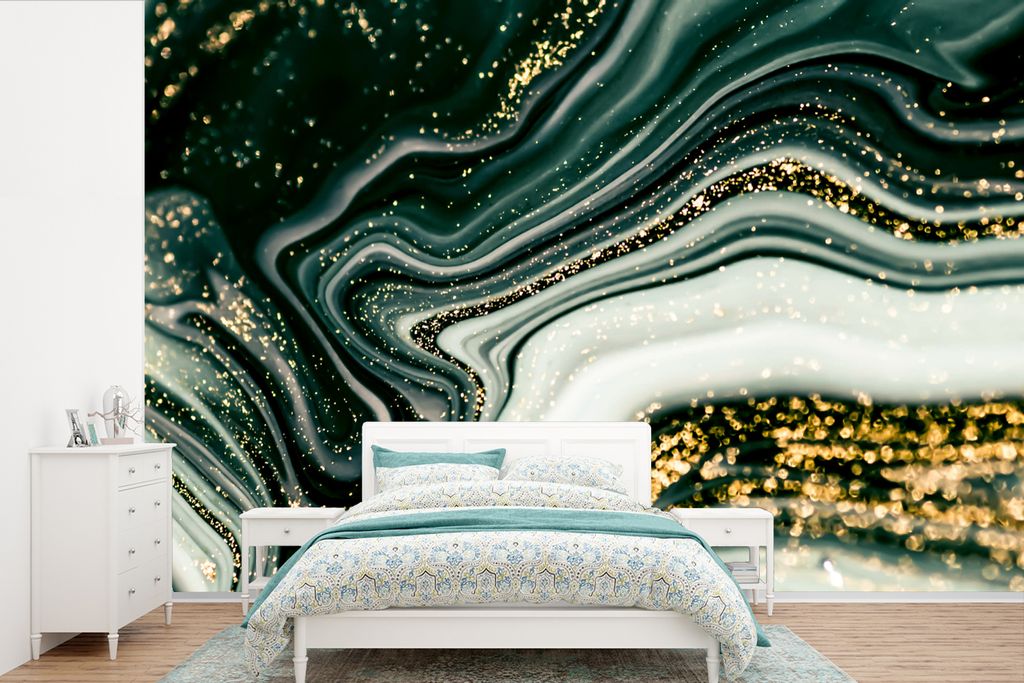 MuchoWow Fototapete für Wohnzimmer oder Schlafzimmer Wandtapete Vinyl Motivtapete Marmoroptik - Gold - Grün - Glitter - Design - Marmor - 390x2...