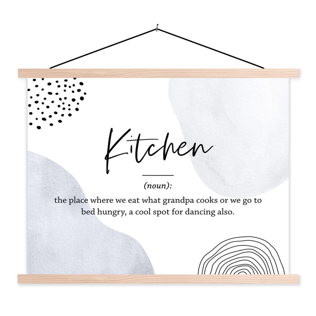 MuchoWow Textilposter Sprichwörter - Zitate - Küche - Definition Küche - Wörterbuch 120x90 cm mit holzfarbenen Rahmen - Magnetisch