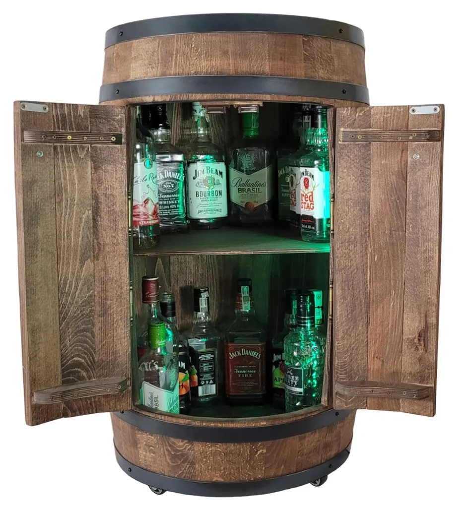 Bar fût bois wengé anti-poussière avec porte LED RGB et roues 80 cm