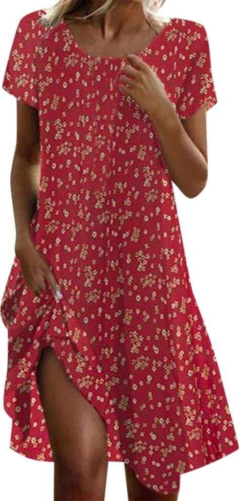 ASKSA Damen Sommerkleid Laessig Sommer Boho Kleid Elegant Blumendruck Maxikleid Kurzarm A-Linie Strandkleid (Dunkelrot,L)