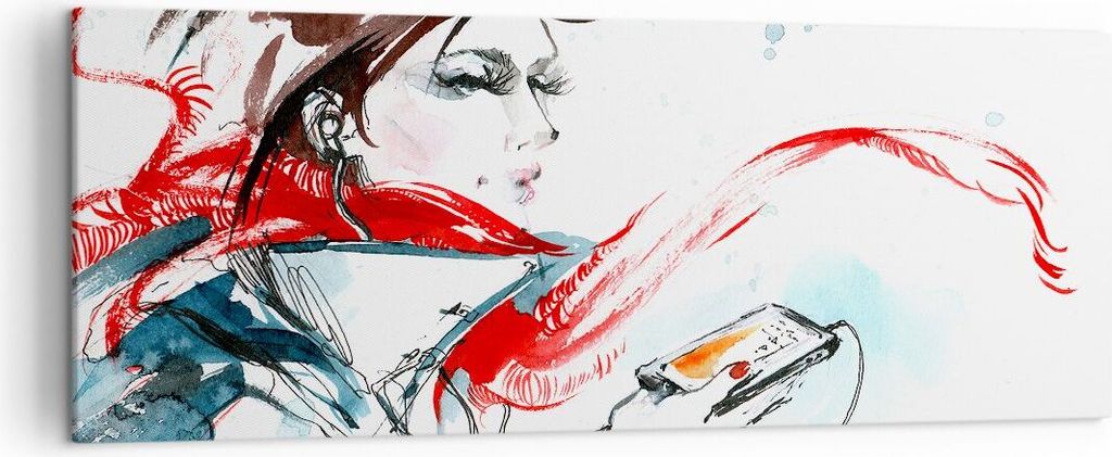 Bild auf Leinwand - Leinwandbild - Frau Schal Telefon Illustration - 140x50cm - Wand Bild - Wanddeko - Leinwanddruck - Bilder - Kunstdruck - Leinwa...