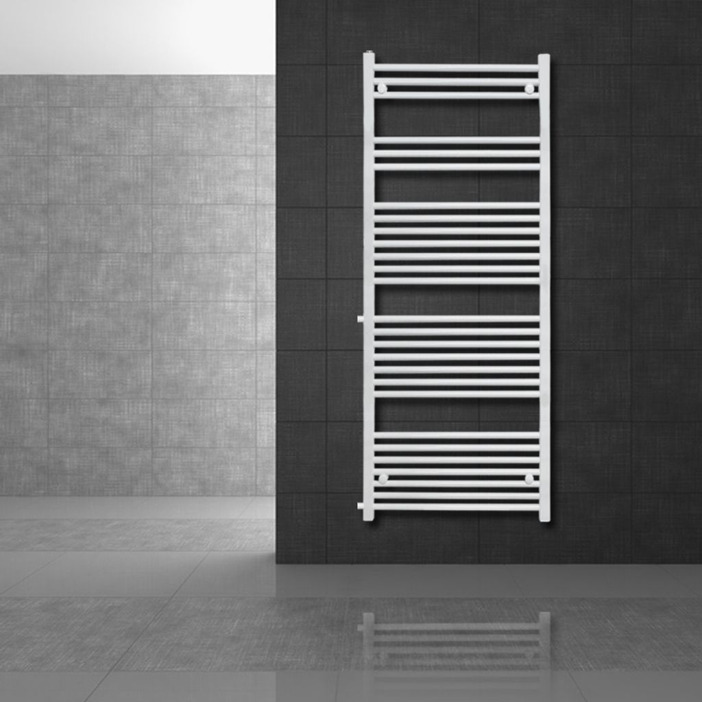 A white towel radiator mounted on a dark tiled wall in a modern bathroom setting.