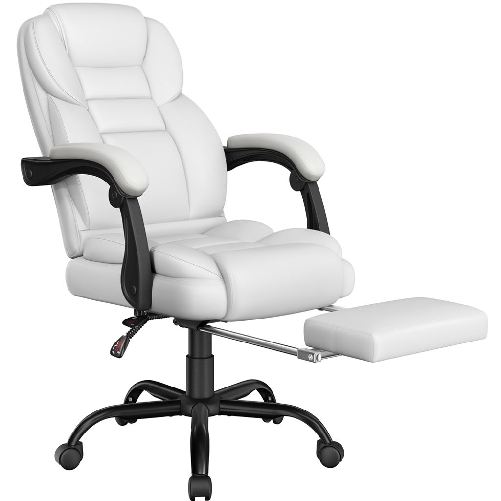 A white ergonomic office chair with a black base and armrests, featuring a retractable footrest.