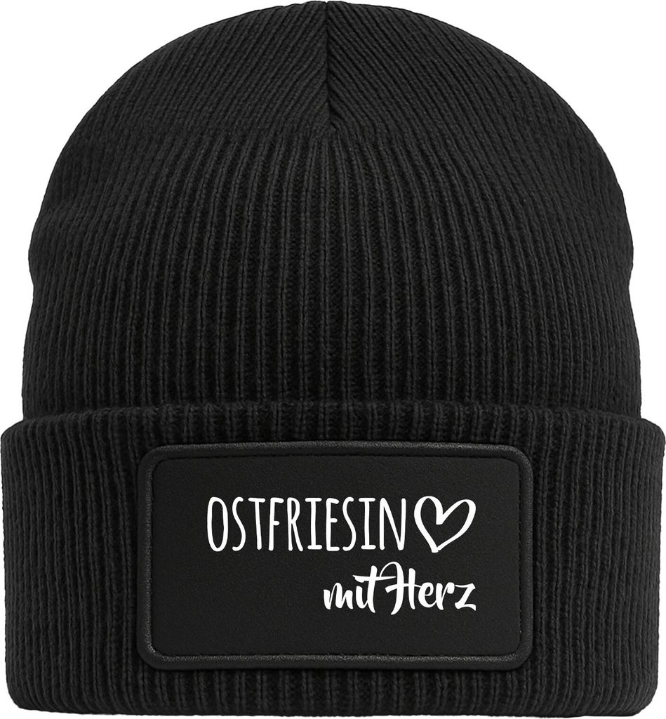 Huuraa Beanie Ostfriesin mit Herz Black doppellagige Polyacryl Mütze mit Patch Geschenkidee