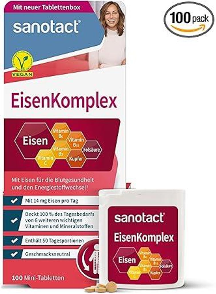 sanotact Eisen Komplex (6 x 100 Mini-Tabletten), Mit 14mg Eisen hochdosiert, Kupfer, Folsäure, Vitamin C, B2, B6, B12, Sofortwirkung bei Eisenmangel