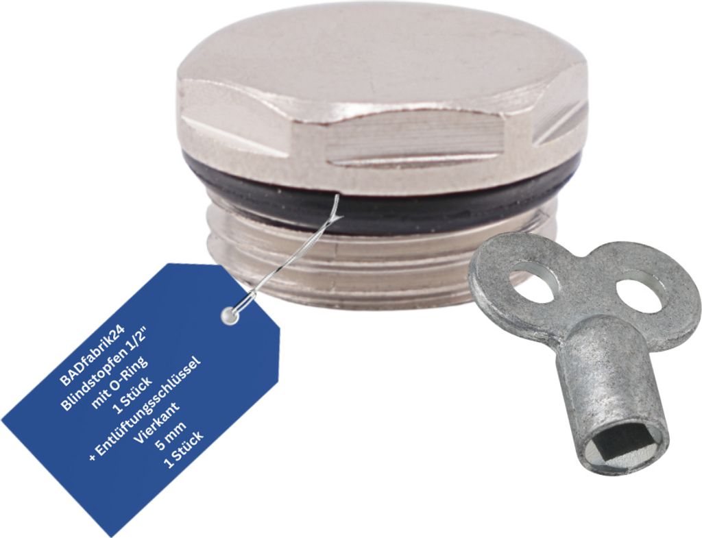 BADfabrik24 Blindstopfen 1/2" mit O-Ring 1 Stück + Entlüftungsschlüssel aus Metall, Vierkant 5mm 1 Stück