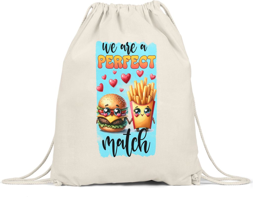 We Are a Perfect Match Turnbeutel Burger Pommes Liebe Humor Geschenkidee