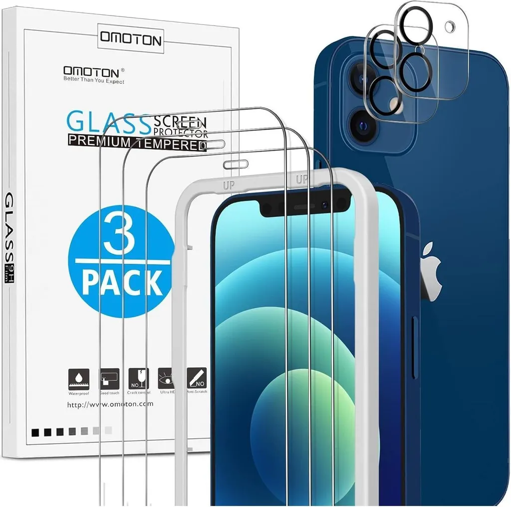 OMOTON Protection iPhone 12 en verre trempé 9H lot de 3+2 pièces