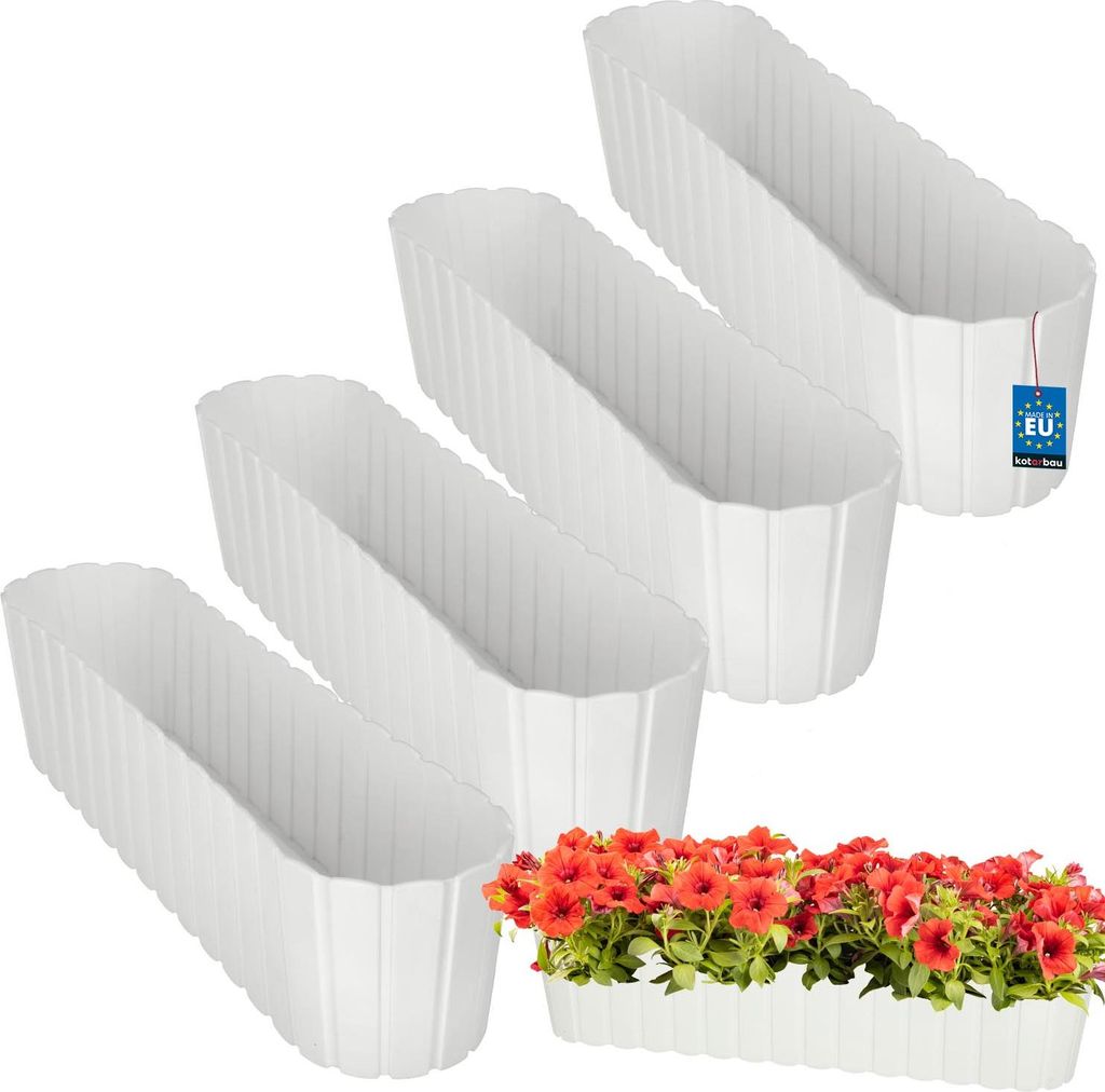 KOTARBAU 4er Set Blumenkasten Balkon Blumentopf 60x14x13cm Weiß Pflanzkübel Pflanzkasten Pflanzentopf Kunststoff Balkonkasten Rustikal Übertop...