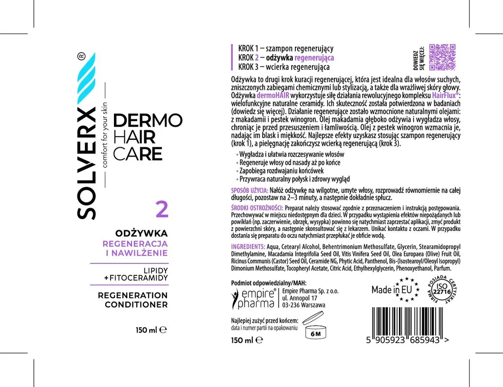 Après-shampooing hydratant SOLVERX Dermo Hair formule régénérante