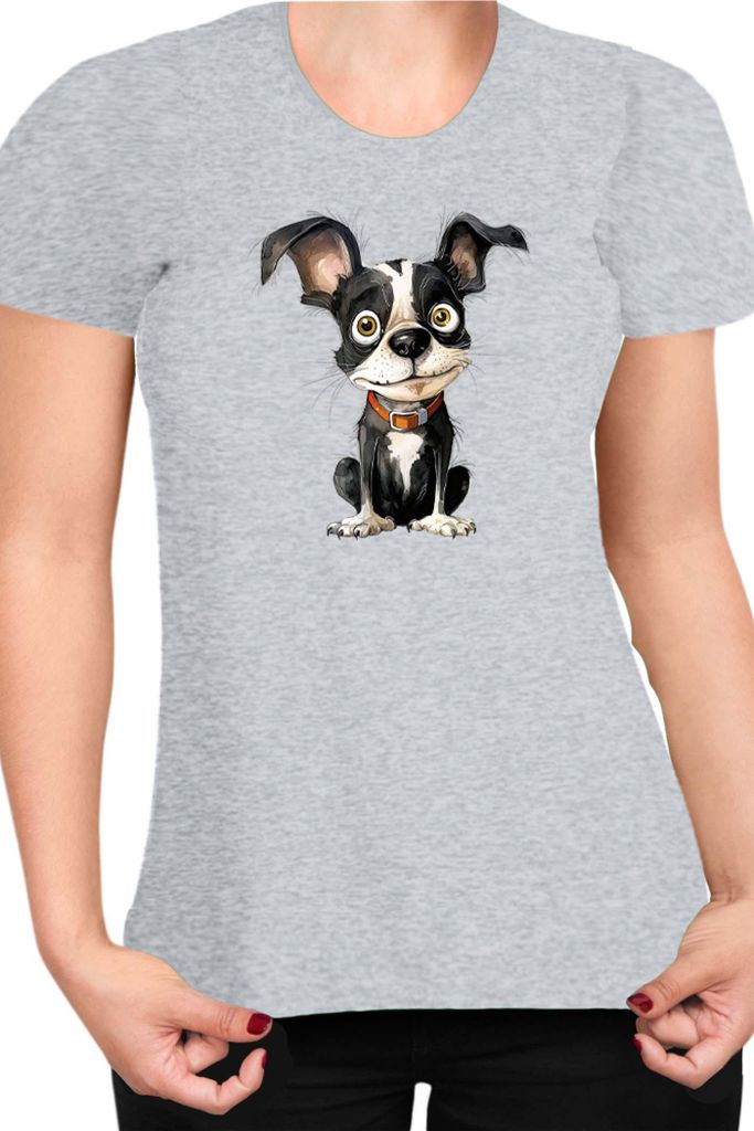 Damen T-Shirt Funny Dogs Breeds Boston Terrier Dog Breed 010, Lady L / Grau