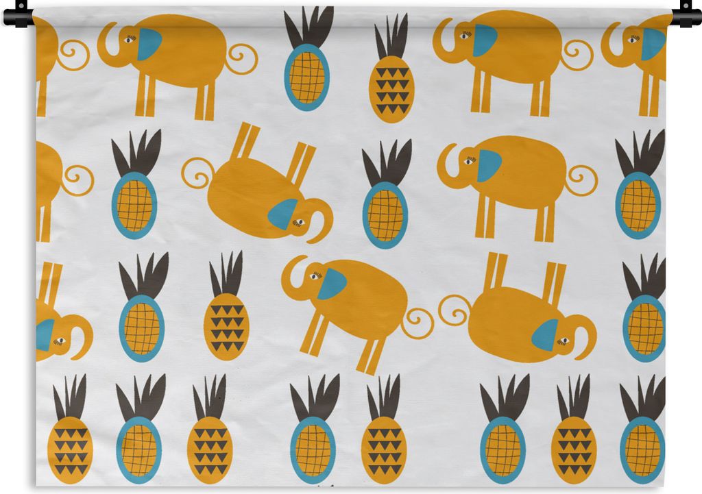 MuchoWow Wandteppich Wandbehang Elefant - Ananas - Gelb - Muster 90x67.5 cm Tapisserie Dekoration Wandtuch - Fototeppich - Wand-Skulpturen