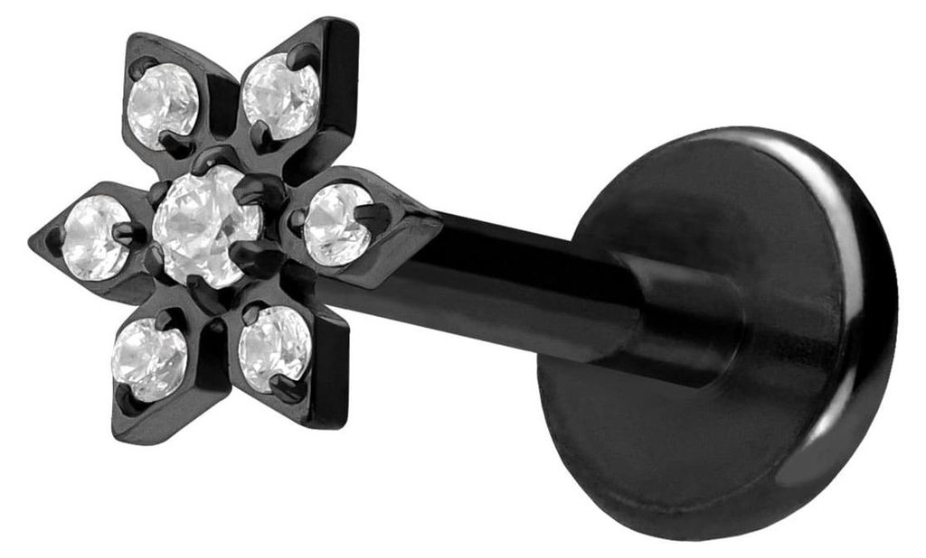 Ohrpiercing, Nasenpiercing Titan Labret mit Push Fit KRISTALLBLUME Schwarz Stablänge: 10mm | Stabstärke: 1mm