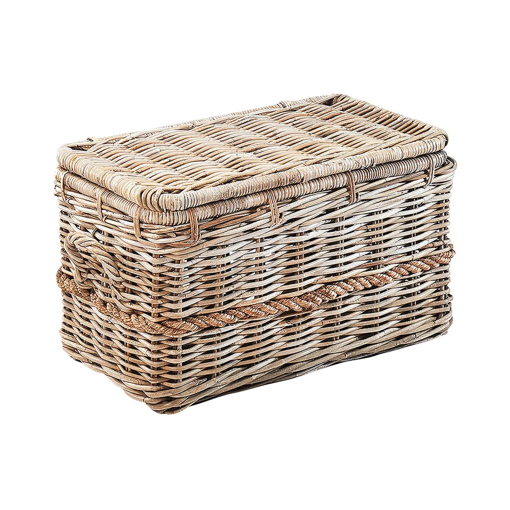 Kobolo Rattantruhe aus Rattan Kubu Grey mit Griffen und Produktbild 