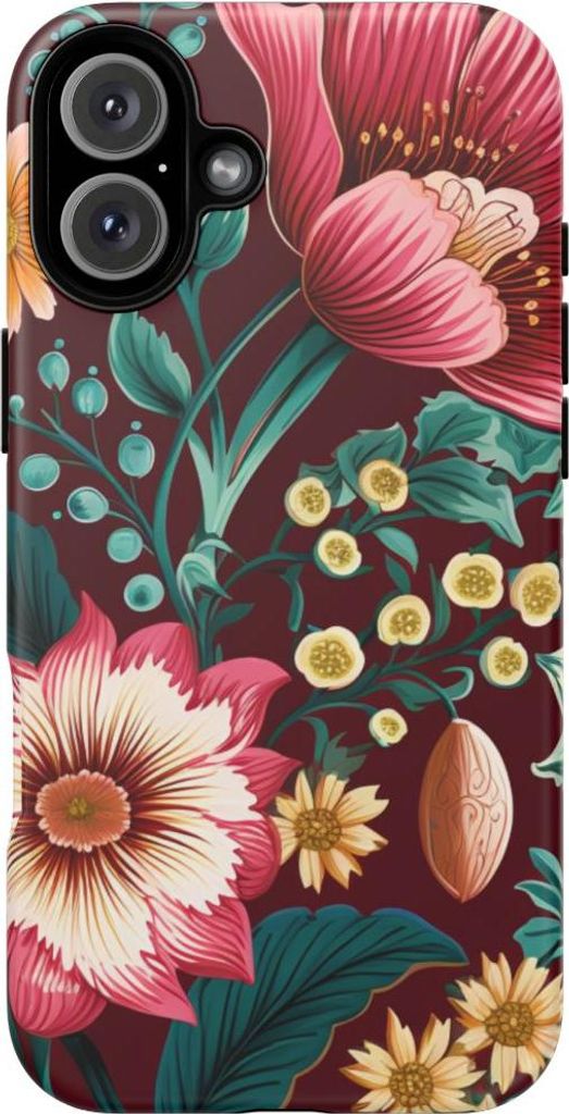 Florales Blütenmuster in Bernstein und Petrol – Hülle Kompatibel mit iPhone 16 Plus