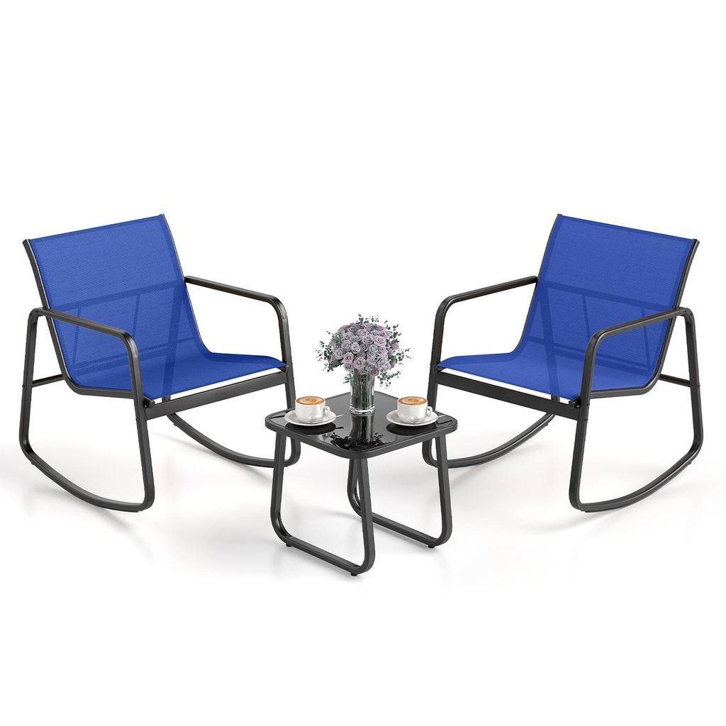 A set of outdoor furniture including two rocking chairs and a small table, arranged on a white background.