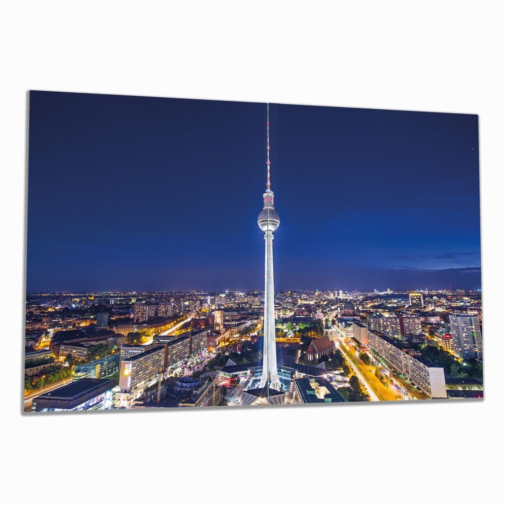 Wallario Herdabdeckplatte aus Glas, Größe 80 x 52 cm 2-teilig, Motiv Fernsehturm Berlin bei Nacht