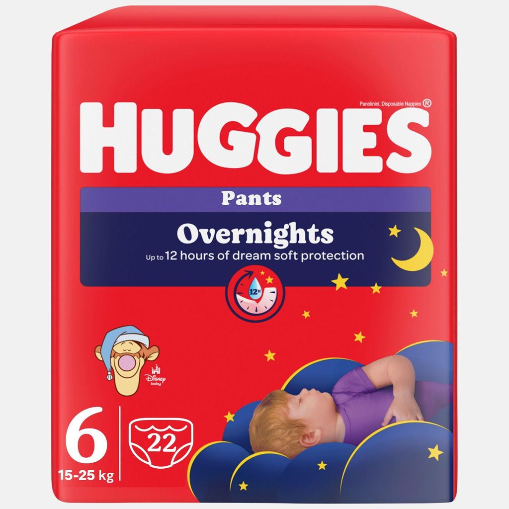 A package of Huggies Overnights diapers featuring a sleeping baby illustration and stars.