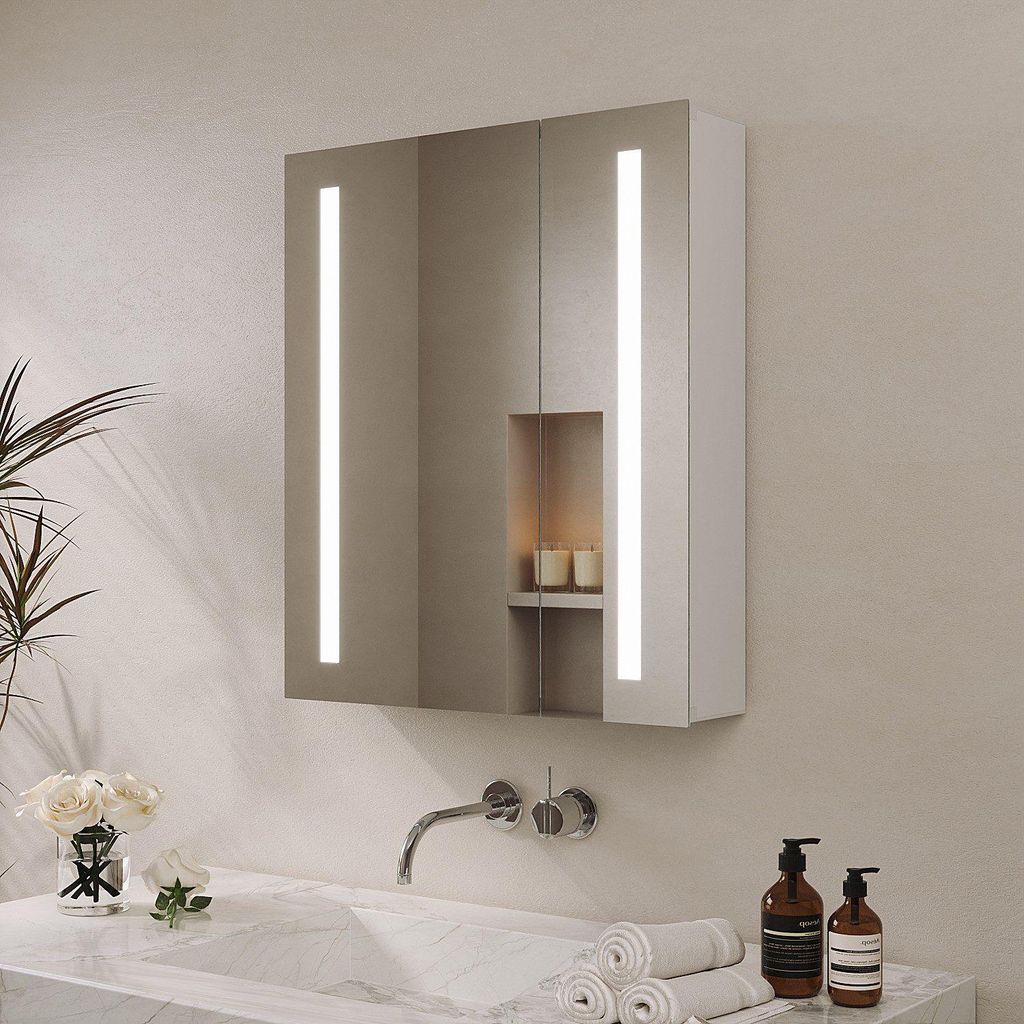 Badezimmerschrank Badspiegelschrank mit 2 Türen 60 x 70 cm LED Spiegelschrank mit Dimmbare Beleuchtung Kaltweiß IR-Sensor Antibeschlag Bad Wandsc...