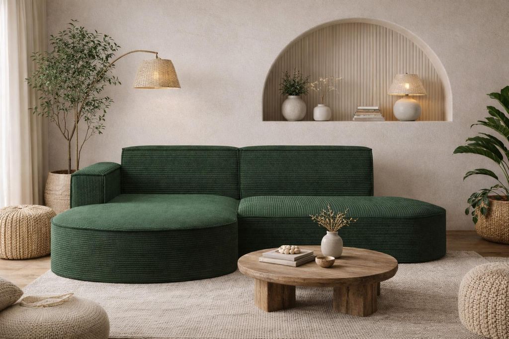 A modern living room with a dark green corduroy sectional sofa, a round wooden coffee table, and decorative elements.