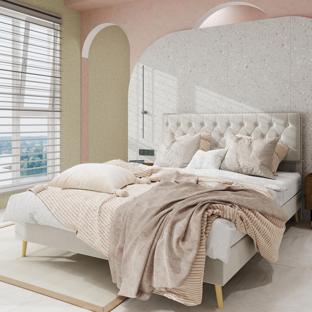 Sweiko Modern minimalist soft bed, comfortable and soft headboard, 160x200CM, beige, multifunctional bedroom furniture, low box bed frame does not ...