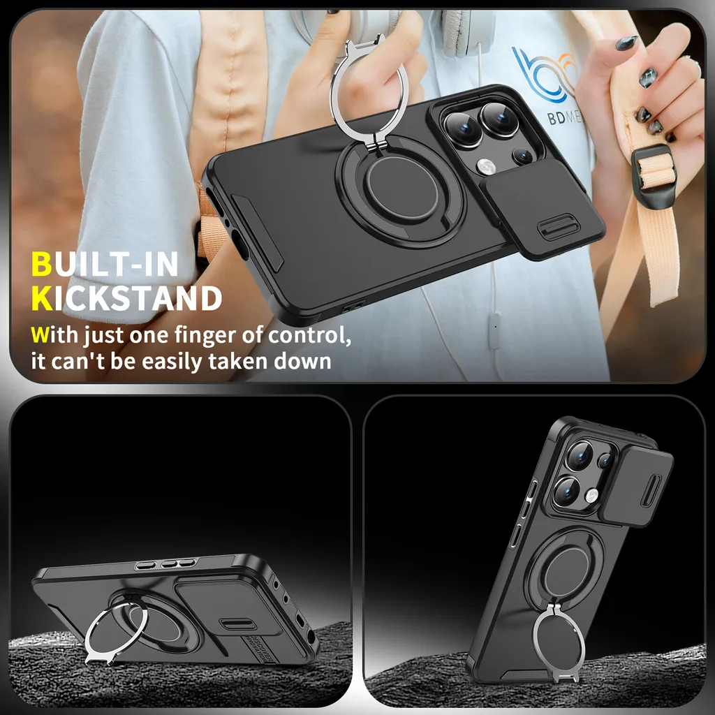 Custodia rigida ad anello per Xiaomi Redmi Note 14, nera