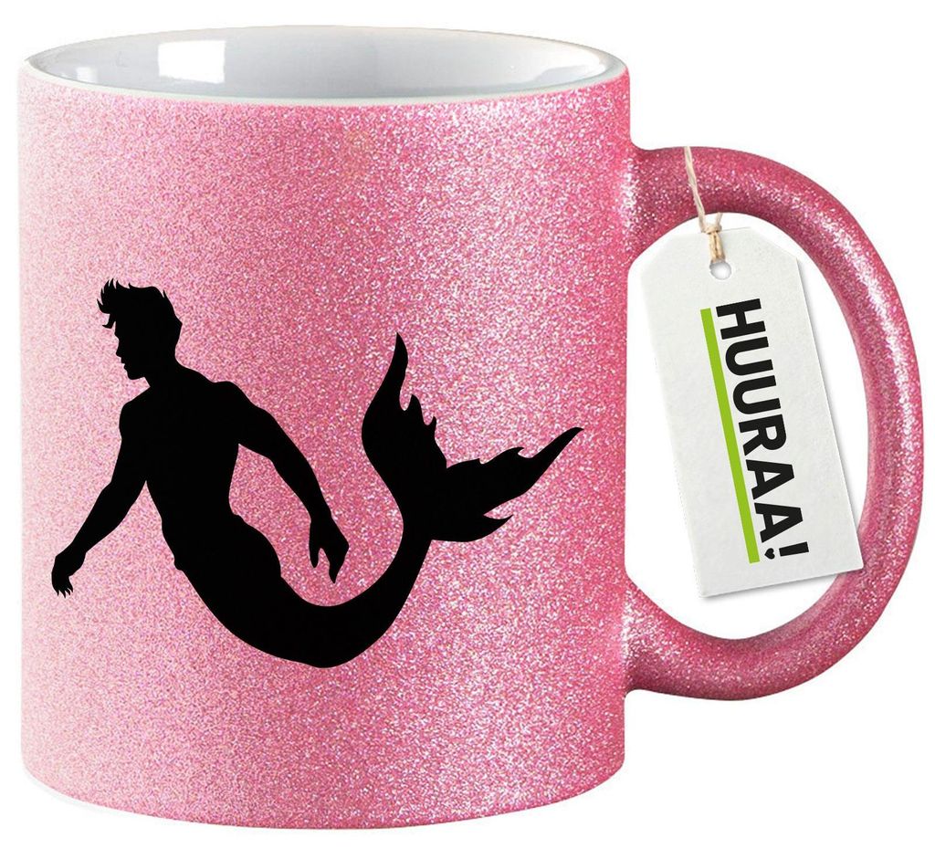 Huuraa Glitzertasse Meermann Silhouette 330ml Pink Keramik Kaffeebecher Geschenkidee