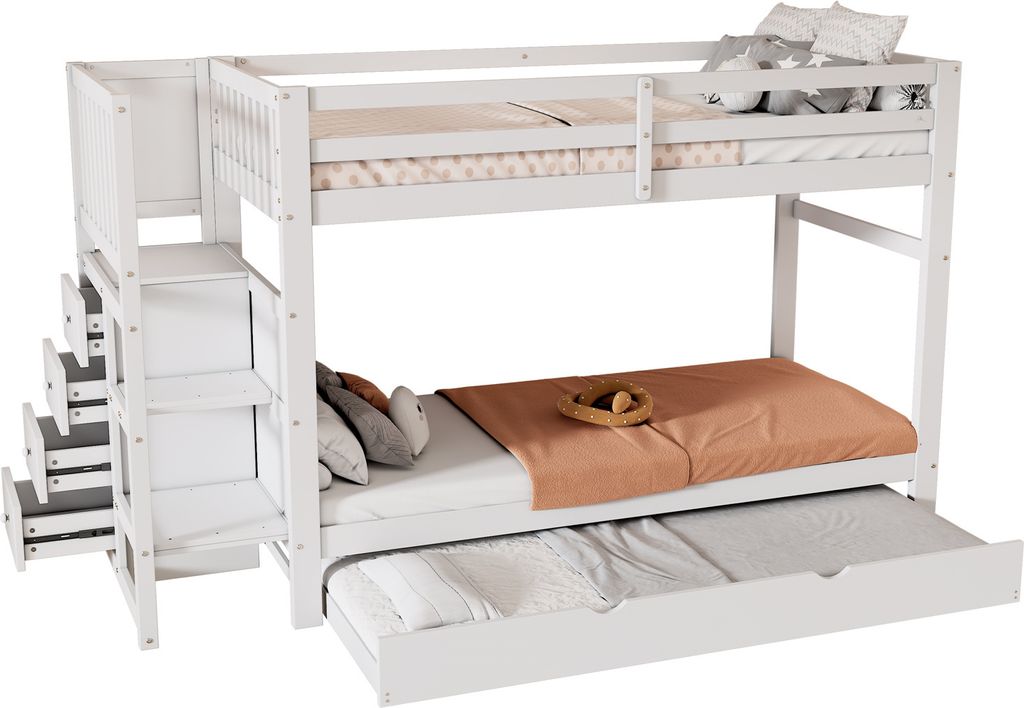 Etagenbett, drei Schlafplätze, vier Schubladen weiß absenkbares Bett,stabiles Holzbett, sichere Treppenstufen, minimalistisches Design
