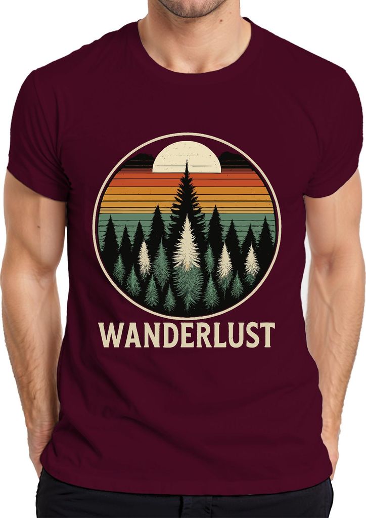 Wanderlust Retro Sonnenuntergang Wald Tannen Camping Wandern Herren T-Shirt, Burgundy, S