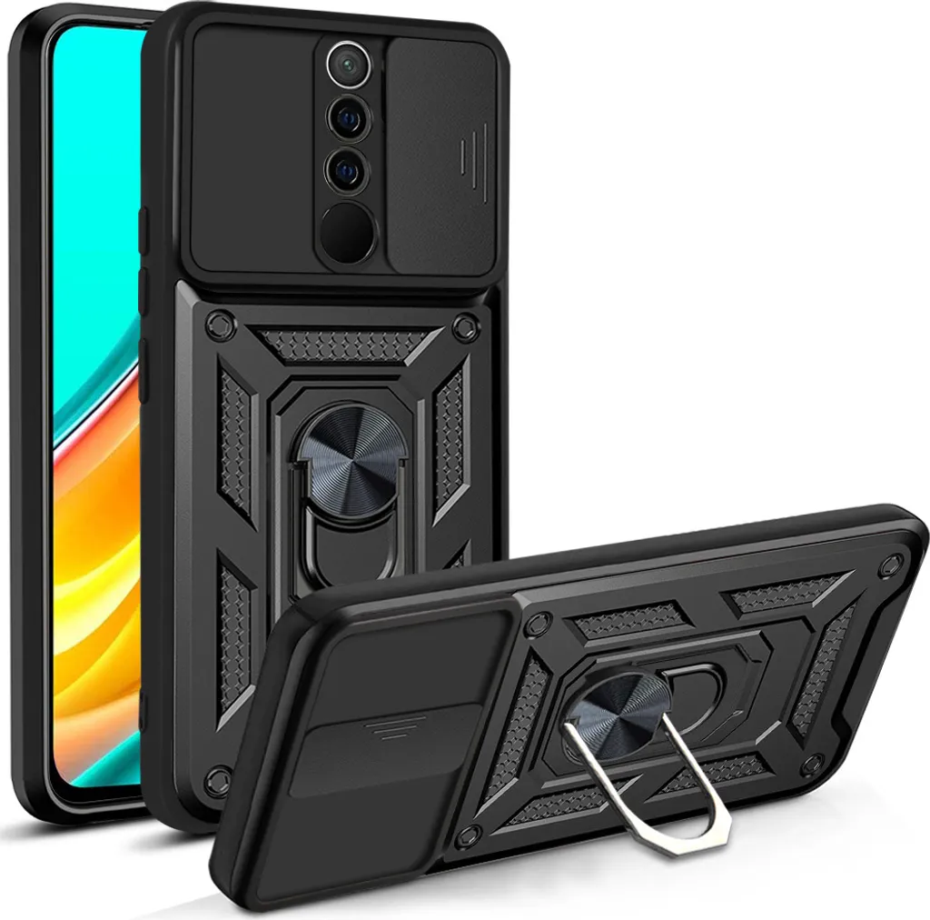 Custodia Redmi 9 con Anello e Protezione Fotocamera - Cover Antiurto Nero
