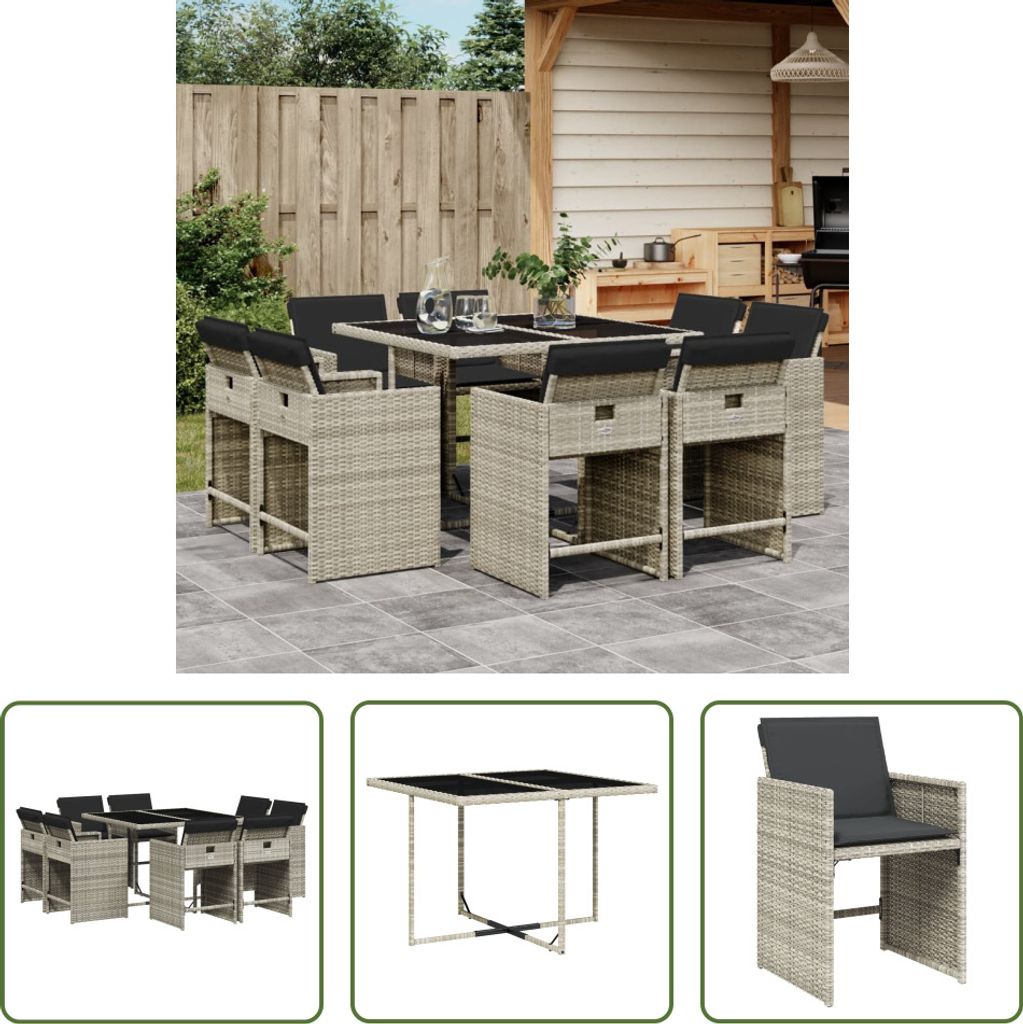 The Living Store 9-tlg. Garten-Essgruppe mit Kissen Hellgrau Poly Rattan