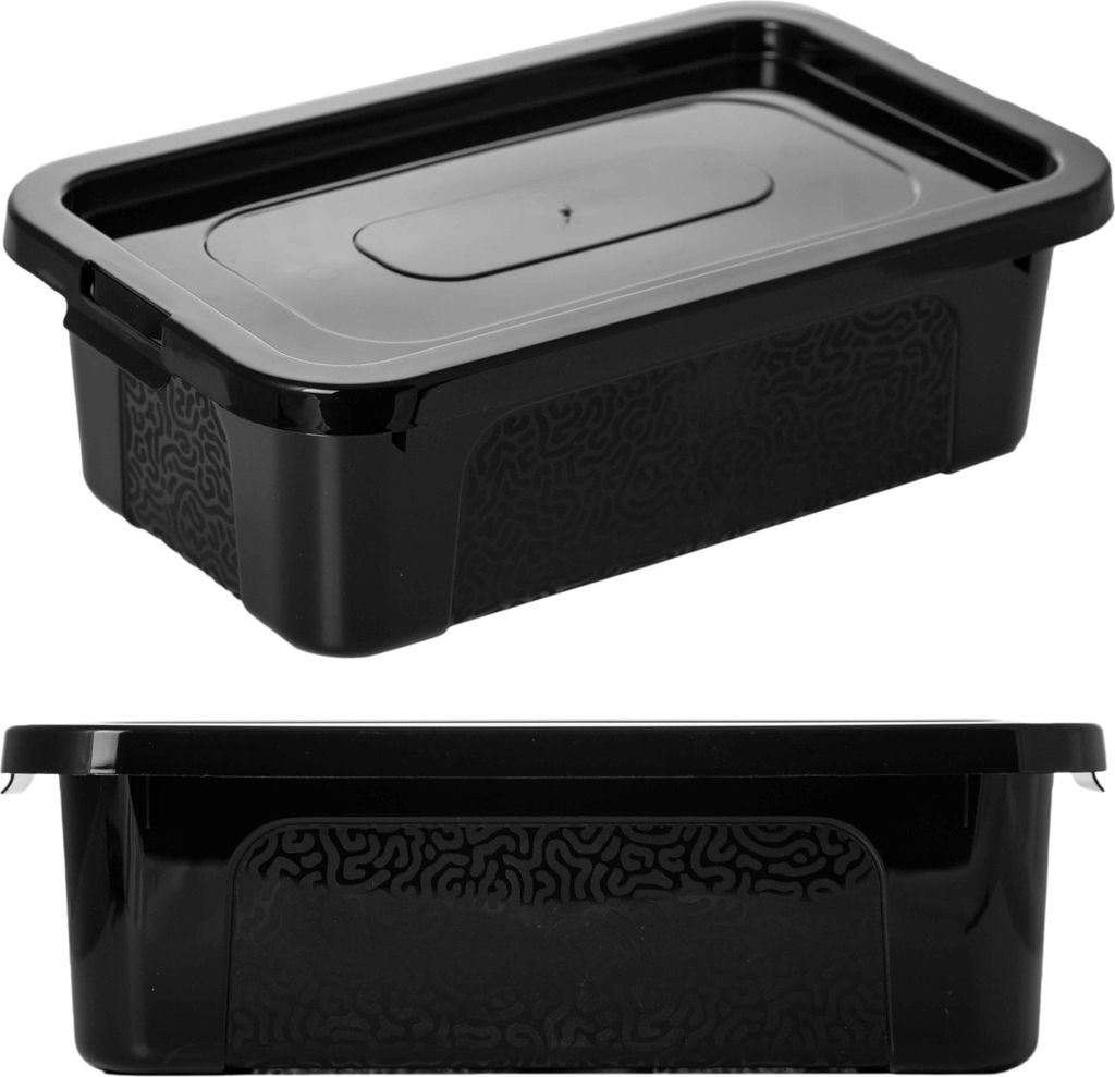 Two views of a black plastic food storage container with a lid.