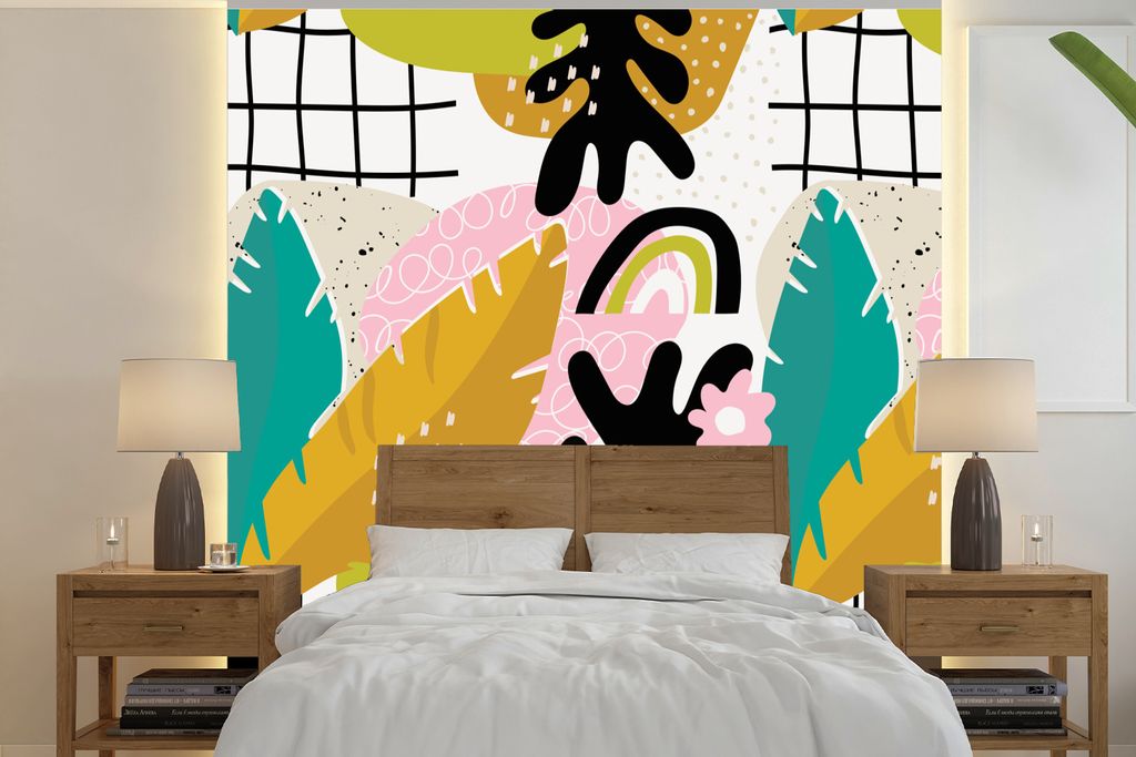 MuchoWow Fototapete für Wohnzimmer oder Schlafzimmer Wandtapete Vinyl Motivtapete Blatt - Dschungel - Muster - 350x350 cm - Schlafzimmertapete