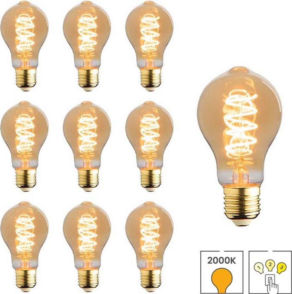 10er-Set LED-Lampen E27 | 3-stufig dimmbar | 3,5 Watt | 2000K extra warmweiß | A60 | Bernstein | Spiralwendel | Lybardo