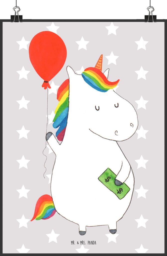 Mr. & Mrs. Panda Bild Einhorn Luftballon DIN A2 - Grau Pastell - Geschenk, Unicorn, drucke, Einhörner, wanddeko, Deko, Geld, Wandbild, Freundin, W...