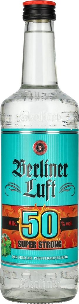A clear, well-lit studio shot of a bottle of Berliner Luft Super Strong 50% vol. liquor against a white background.