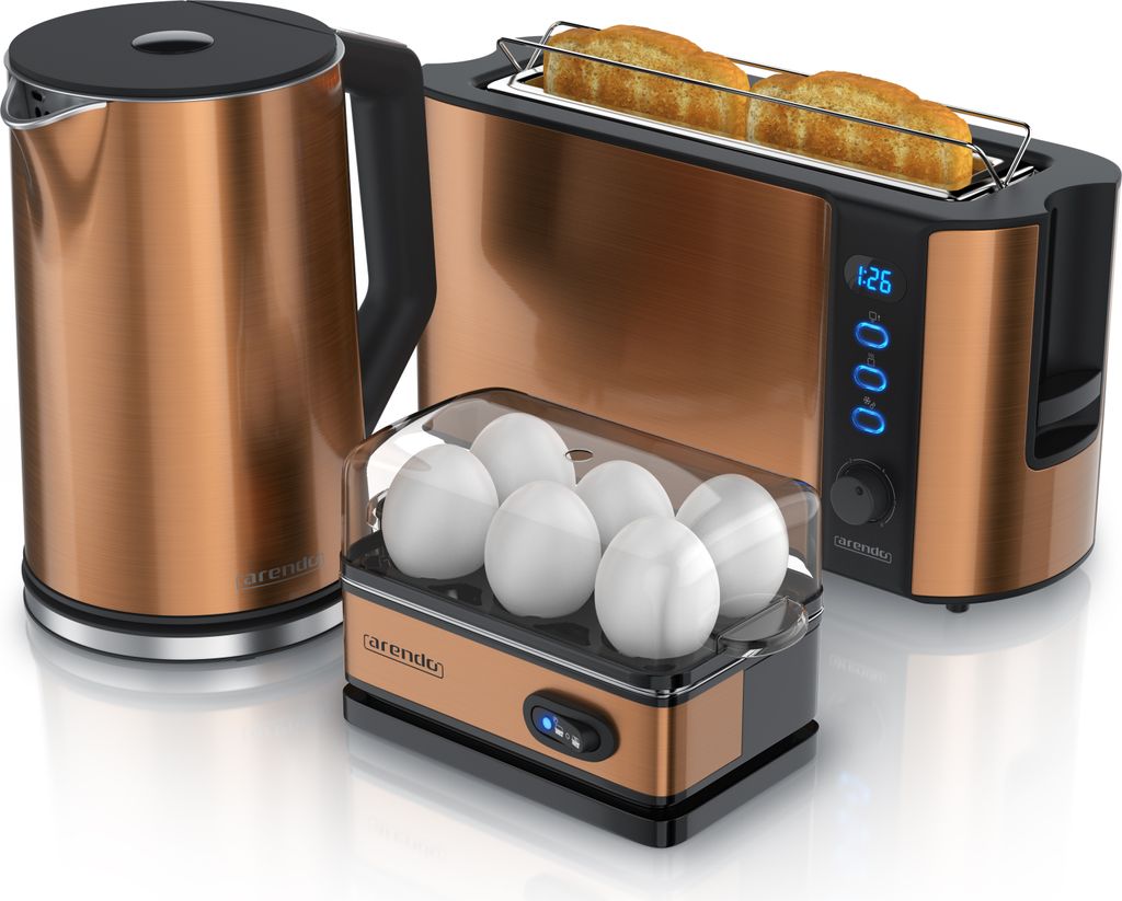 Arendo 3-teiliges Frühstücks-Set, 2-Scheiben Langschlitz Toaster, 6er Eierkocher, Wasserkocher 1,5 Liter, Kupfer