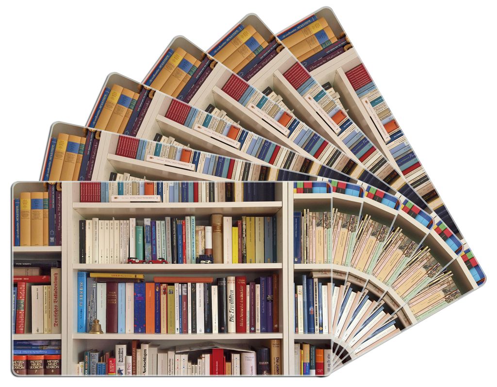 Wallario Frühstücksbrettchen 6er Set aus Glas, je 14 x 23 cm, mit rutschfesten Füßen, Motiv Weißes Bücherregal mit unterschiedlichen Büchern