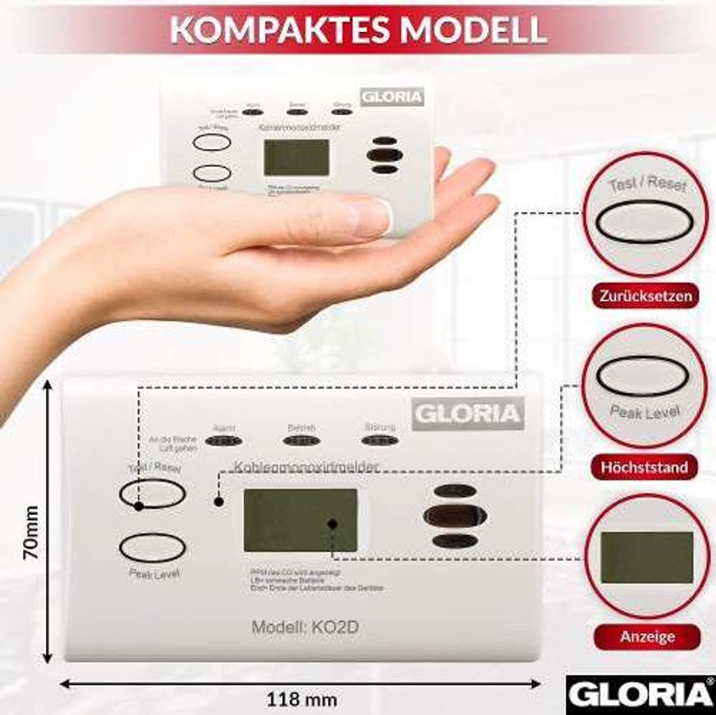Gloria 002518.0571 Bateryjny detektor tlenku węgla wykrywa Zdjęcie produktu 8