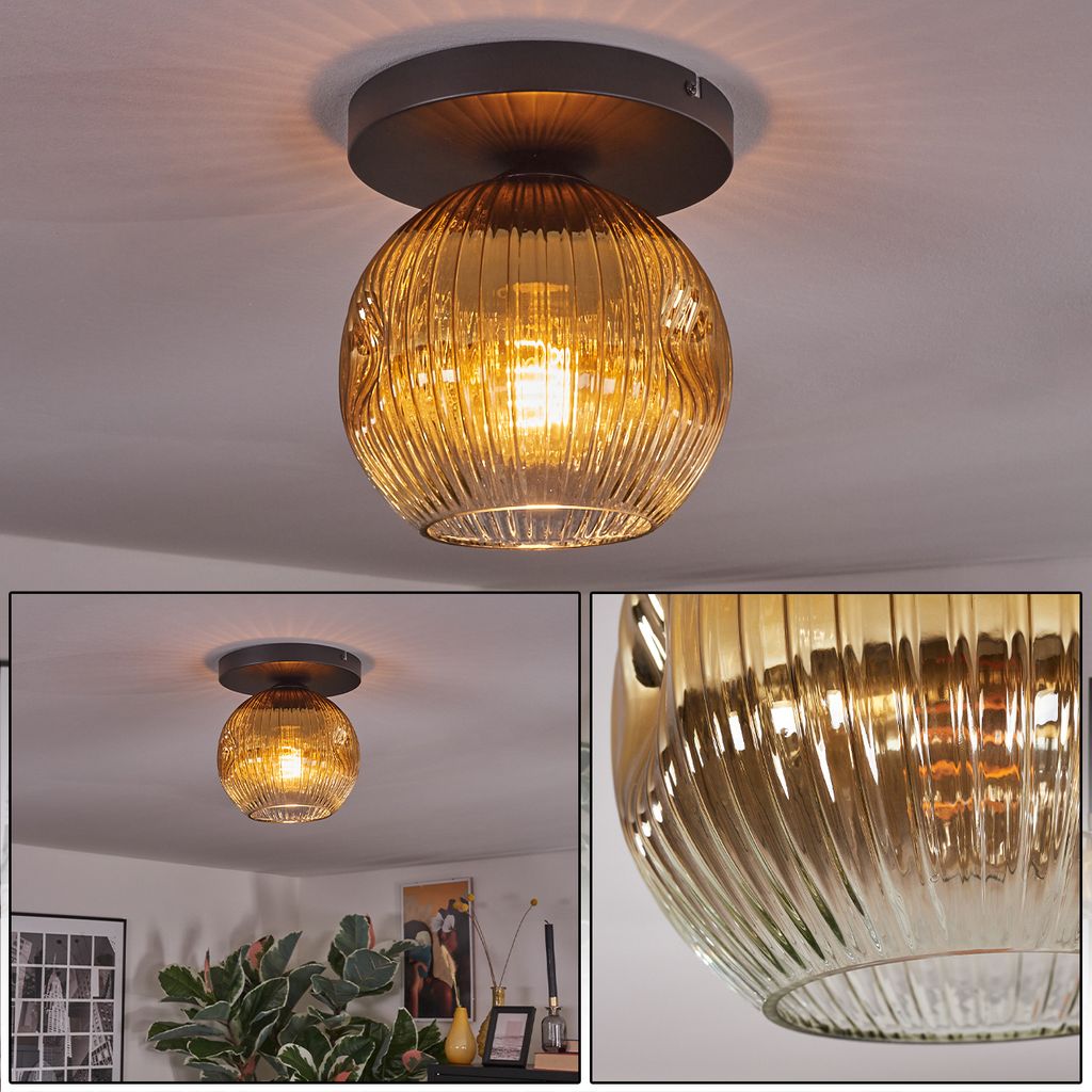 Villamare Deckenlampe aus Metall/Riffelglas in Schwarz/Goldfarben/Klar
