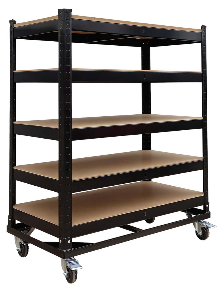 Relaxdays Etagenwagen, 5 Ebenen, Rollen & Bremse, Bis 750 kg, HBT: 110x90x45 cm, mobiler Werkstattwagen, Stahl, schwarz
