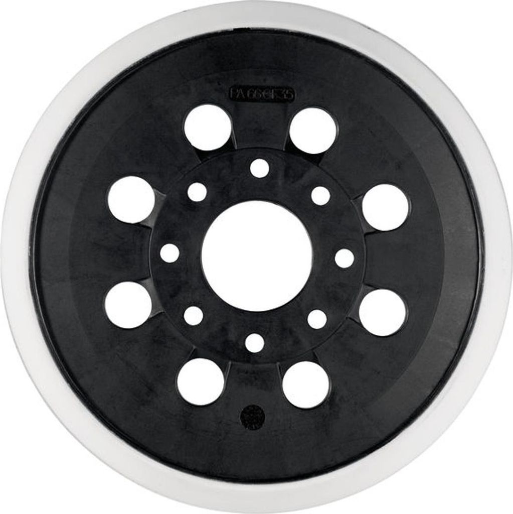 A top-down view of a black and white sanding pad.