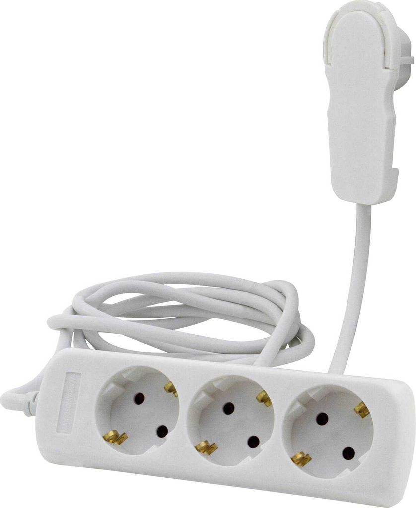 A white power strip with three outlets and a white cord and plug.