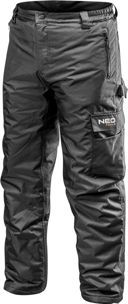 A pair of black work pants with cargo pockets and zippers.