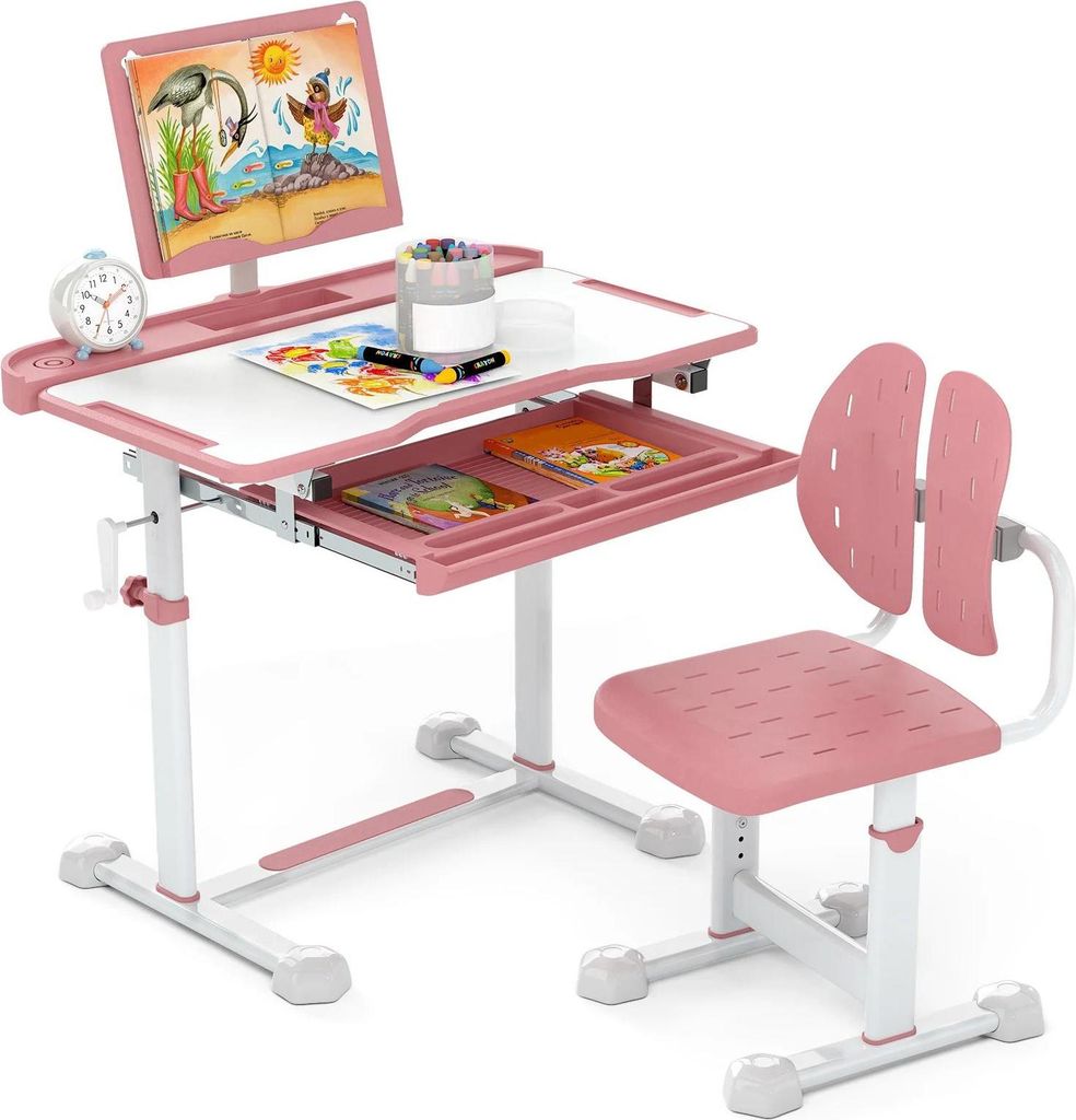 Kinderschreibtisch mit Stuhl - Höhenverstellbar - Kippbare Tischplatte - Schublade - Buchständer - Holzrahmen - Kunststoff - Rosa