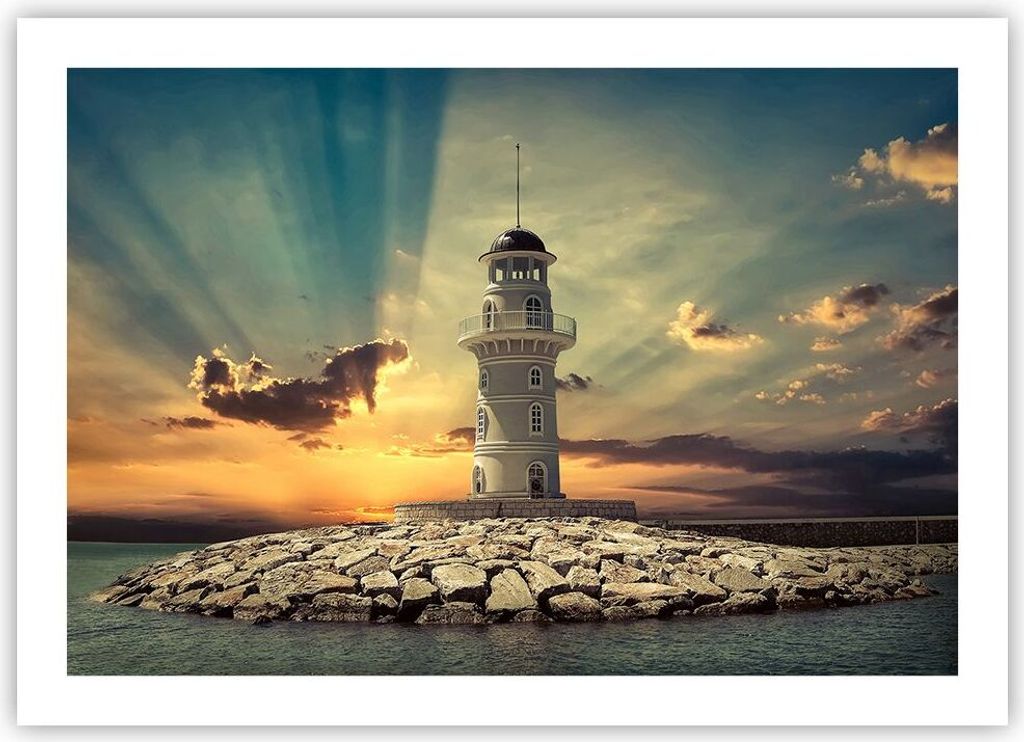Poster - Poster ohne Rahmen - Leuchtturm Wasser Meer Steine - 70x50 cm - Wand Bild - Wanddeko - Wandbilder - Kunstposter - Wandposter - Bilder - Ku...