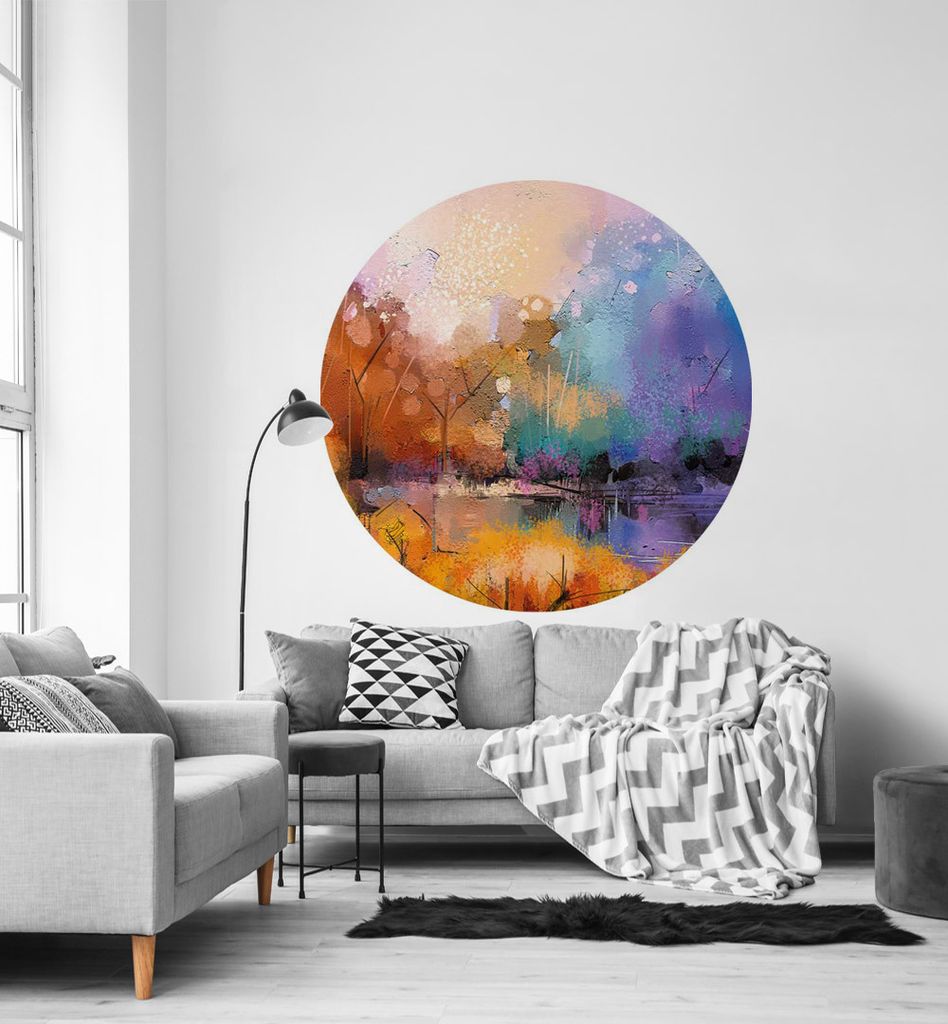 Fototapete Blühender Wald mit großen Teich Gemälde rund, Material:Premium Vlies 150g/qm, Größe Tapete:195cm rund