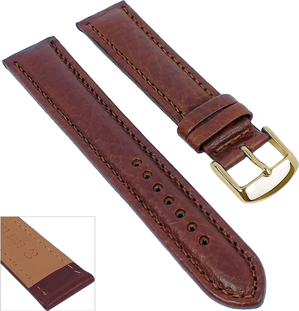 Minott Uhrenarmband XL Schrumpfleder braun mit Naht 29685, Stegbreite:24mm, Schließe:Gelbgolden