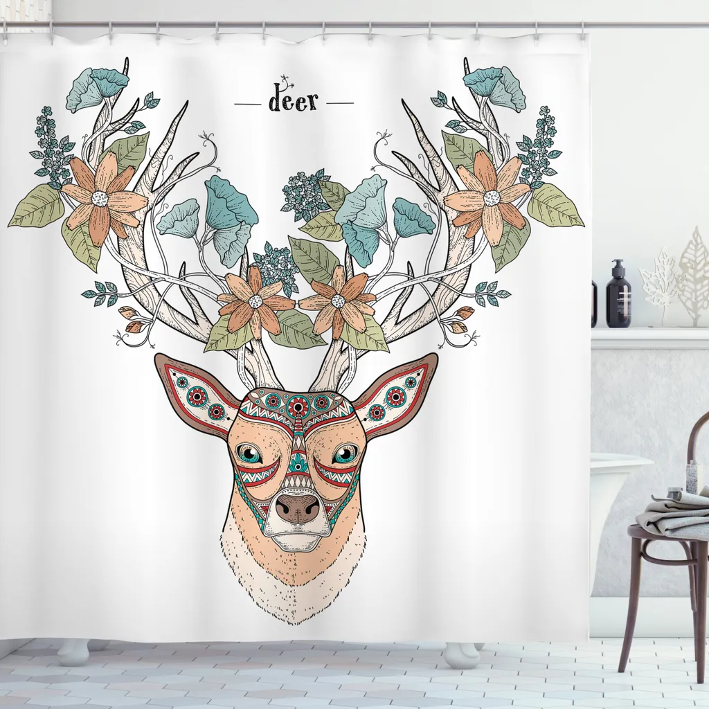 ABAKUHAUS Tenda da doccia con corna di cervo, testa di cervo rosso Fiori Etnici, Stampa digitale moderna con 12 ganci su tessuto Resistente all'acqua e ai batteri, 175 x 180 cm, Tan Green Teal